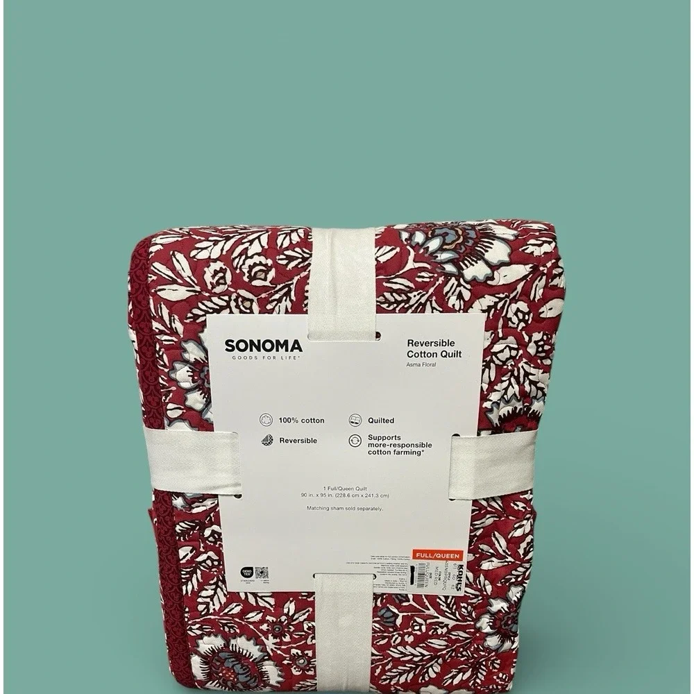 Sonoma Full Queen Reversible Cotton Quilt Asma Floral Quilted‎ 90 x 95 Red Black